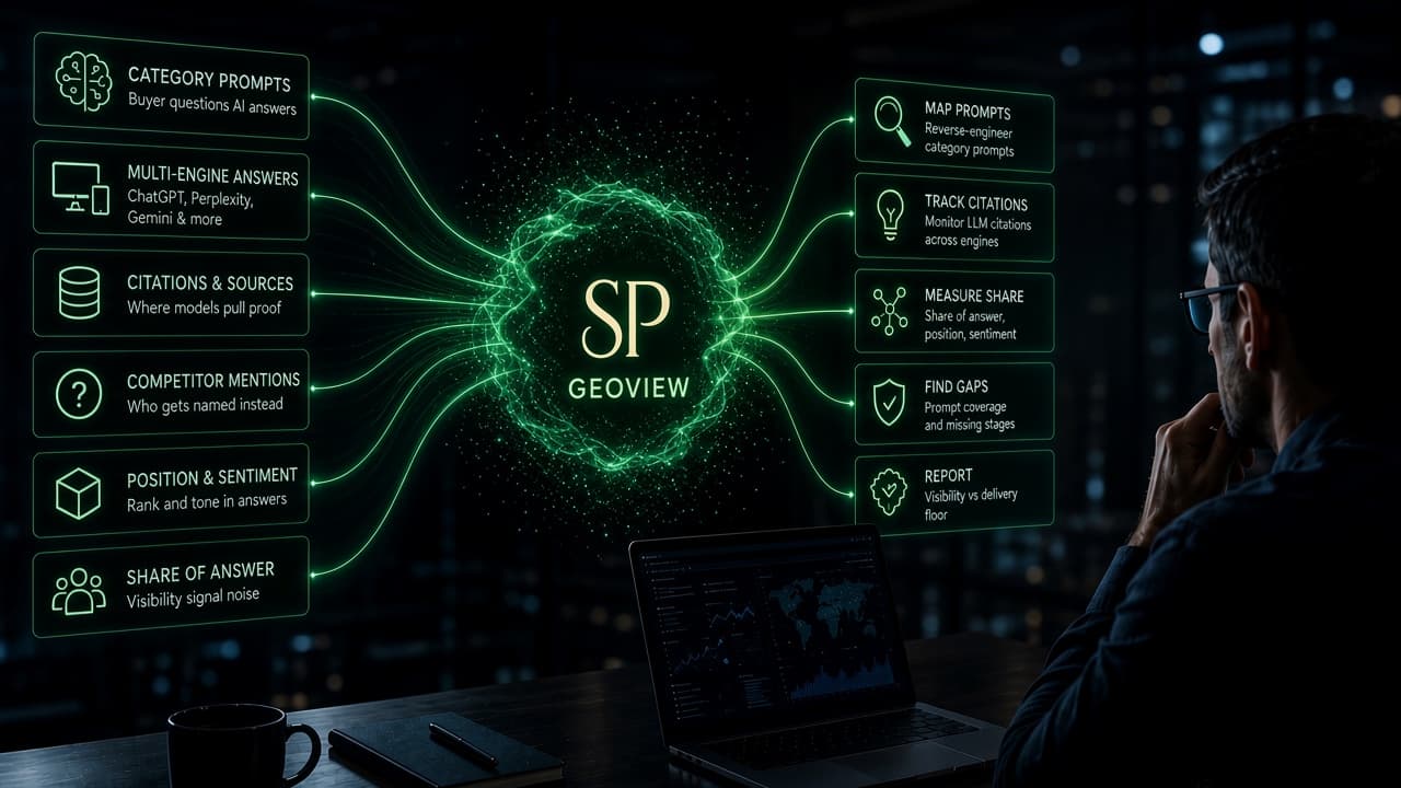 GEOview diagram: green particle hub with the SP monogram, category inputs on the left and measurement capabilities on the right, over a desk in a dark office.