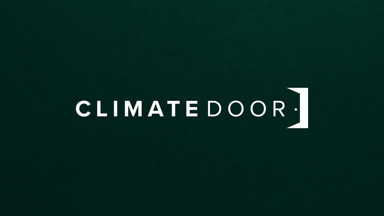 ClimateDoor wordmark and door mark on a dark green field.