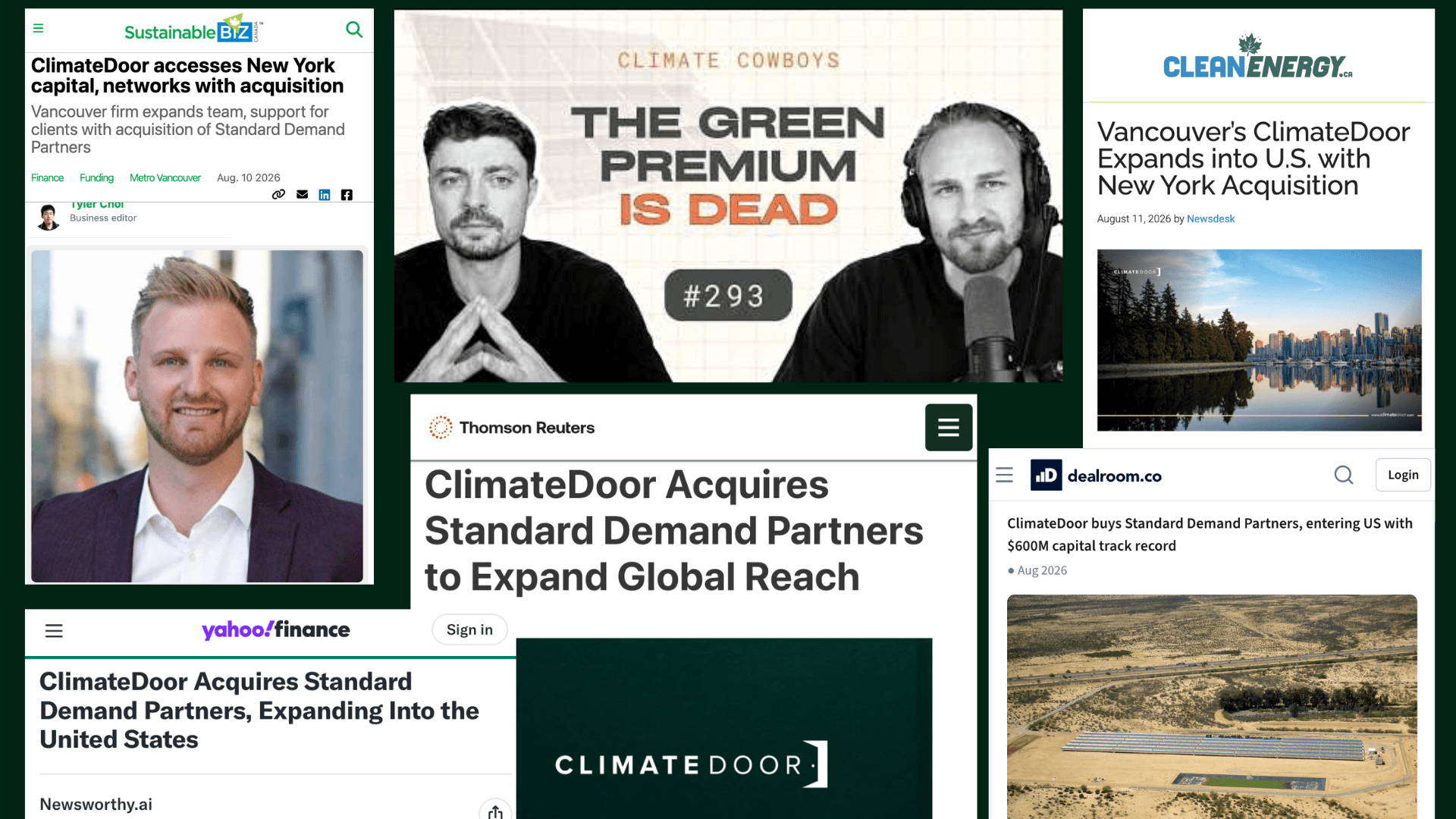 Collage of ClimateDoor media coverage showing Sustainable Biz, the Climate Cowboys podcast, Clean Energy Canada, Thomson Reuters, Yahoo Finance, Dealroom, and the ClimateDoor wordmark.