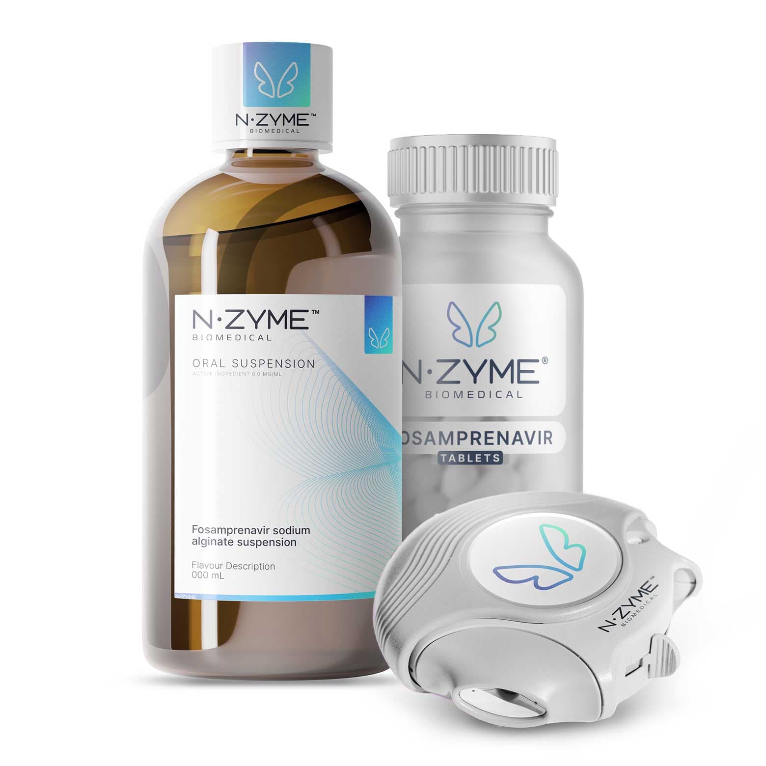N-Zyme Biomedical product pack shot: amber bottle of fosamprenavir sodium alginate oral suspension, bottle of fosamprenavir tablets, and an inhaler device, with the N-Zyme Biomedical butterfly logo.