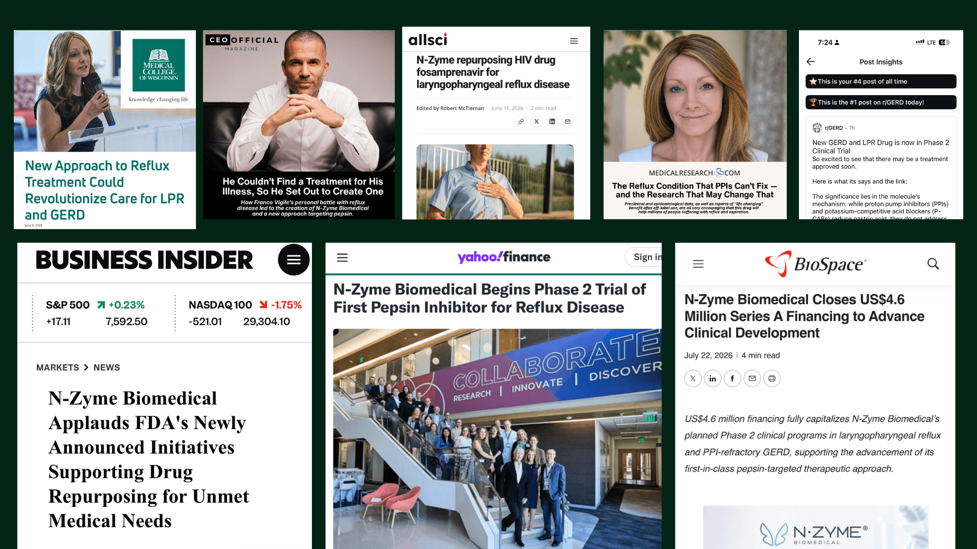 Collage of N-Zyme Biomedical media coverage showing Medical College of Wisconsin, CEO Official Magazine, allsci, MedicalResearch.com, a Reddit r/GERD post marked as the number one post that day, Business Insider, Yahoo Finance, and BioSpace.