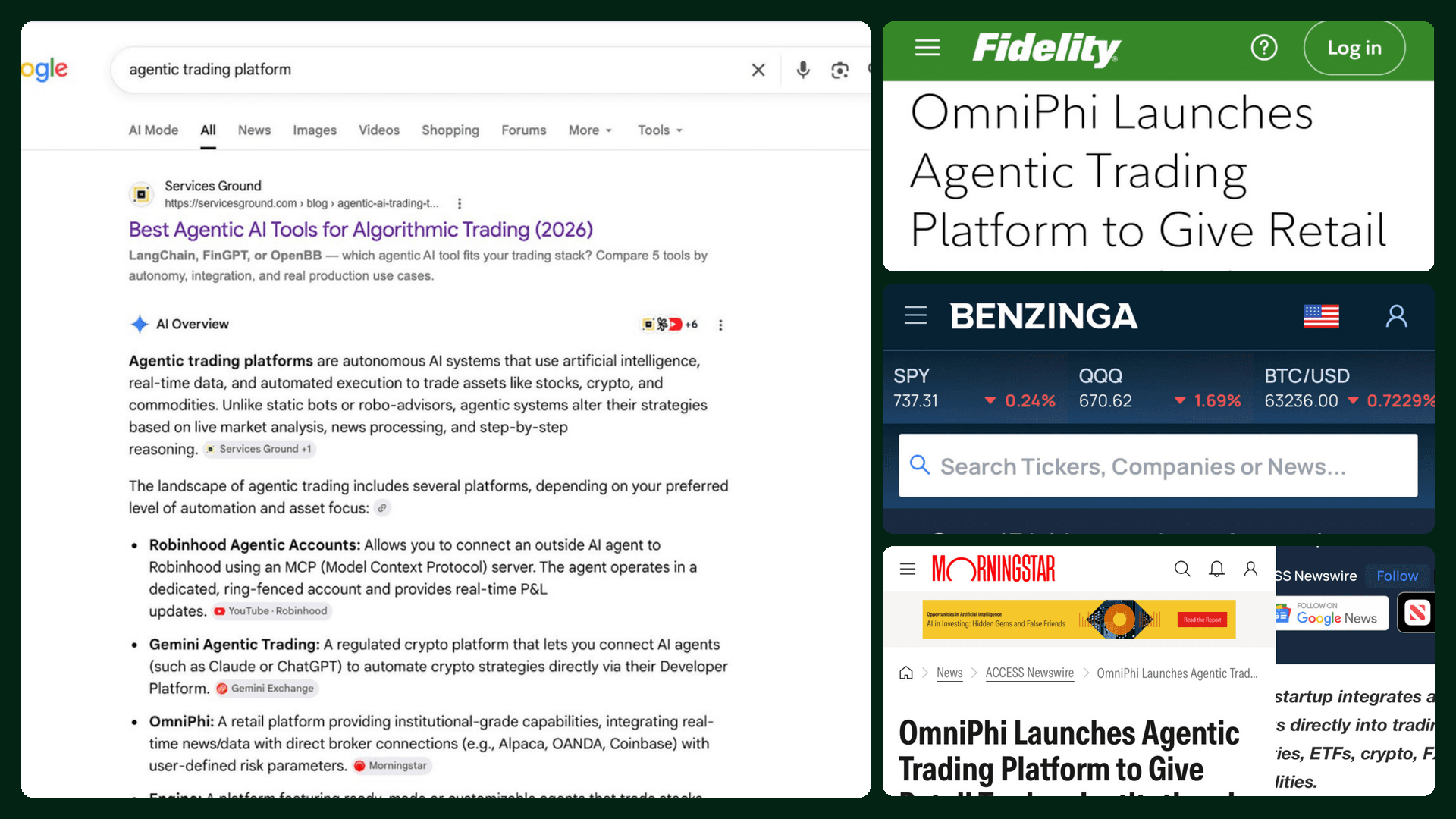 Collage of OmniPhi launch coverage: a Google AI Overview for agentic trading platform, plus Fidelity, Benzinga, and Morningstar via Access Newswire.