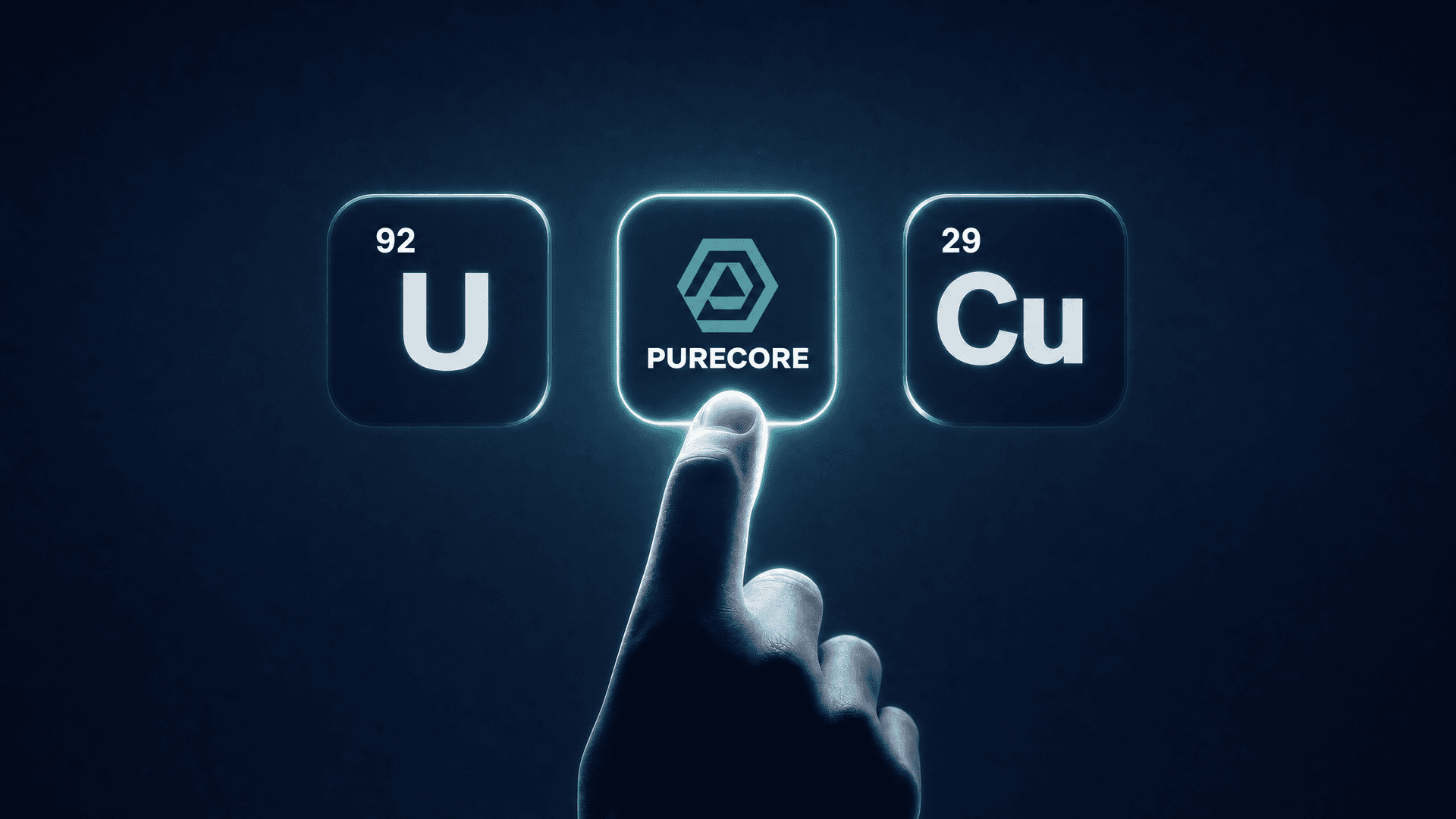 A hand touching a glowing Purecore tile between uranium (U) and copper (Cu) element tiles on a dark navy background.
