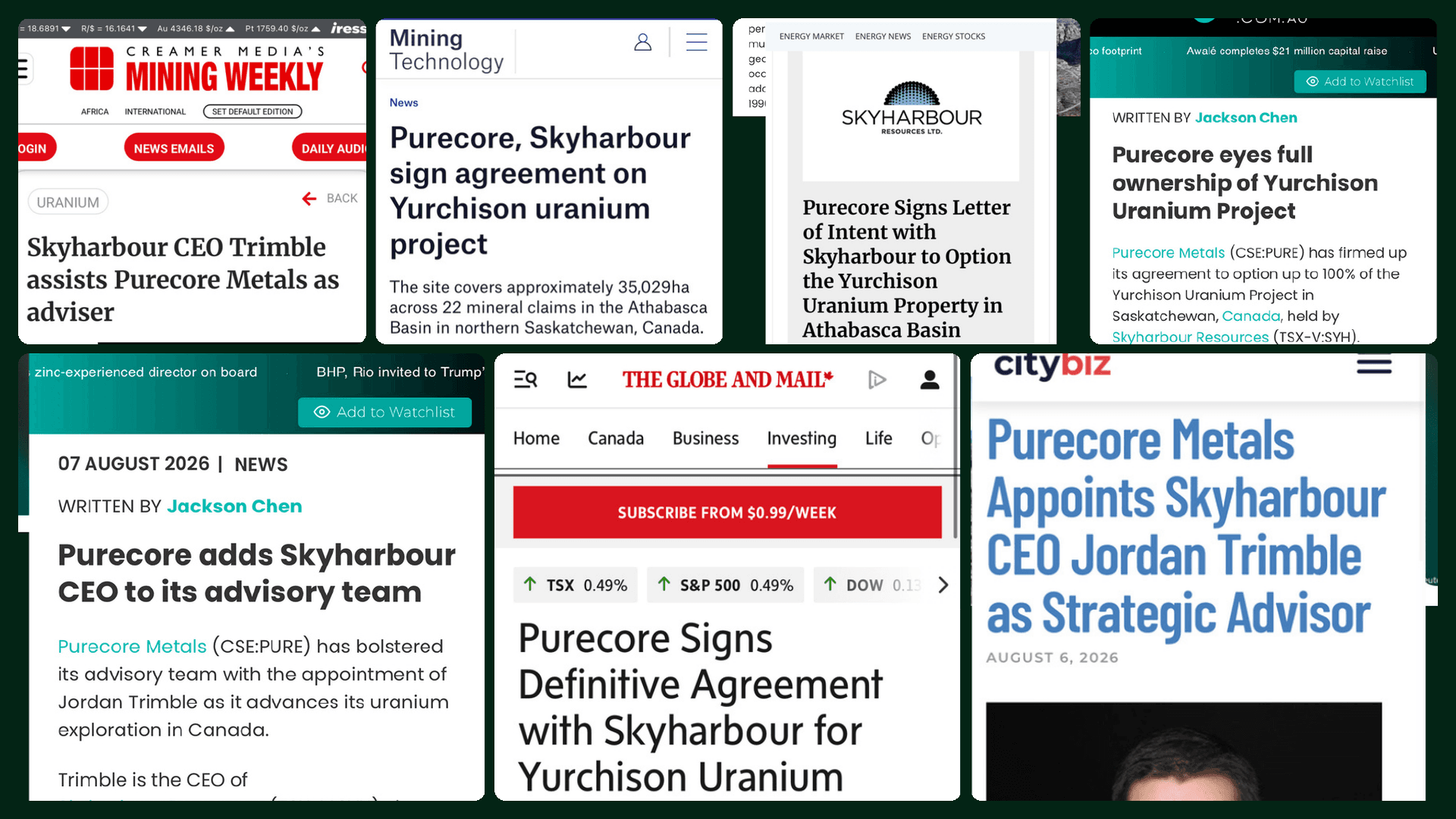 Collage of Purecore Metals coverage across The Globe and Mail, Mining.com.au, INN, Mining Technology, citybiz, and Mining Weekly.