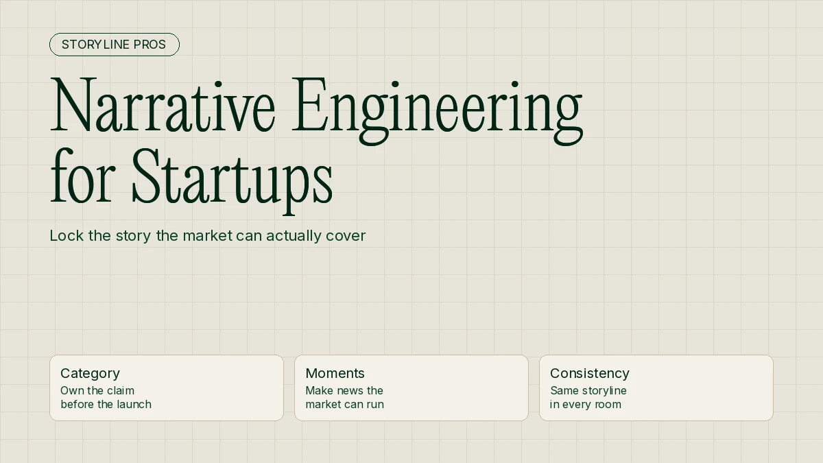 Cream Storyline Pros guide cover titled Narrative Engineering for Startups, with cards for category, moments, and consistency.