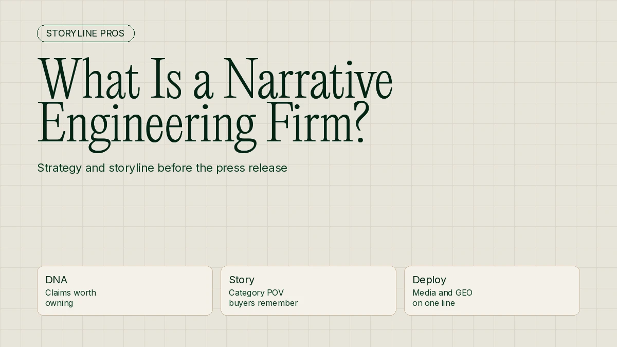 Cream Storyline Pros guide cover titled What Is a Narrative Engineering Firm, with cards for DNA, story, and deploy.