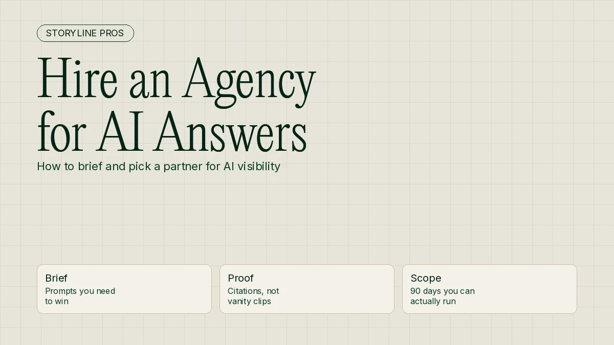 Cream Storyline Pros guide cover titled Hire an Agency for AI Answers, with cards for brief, proof, and scope.