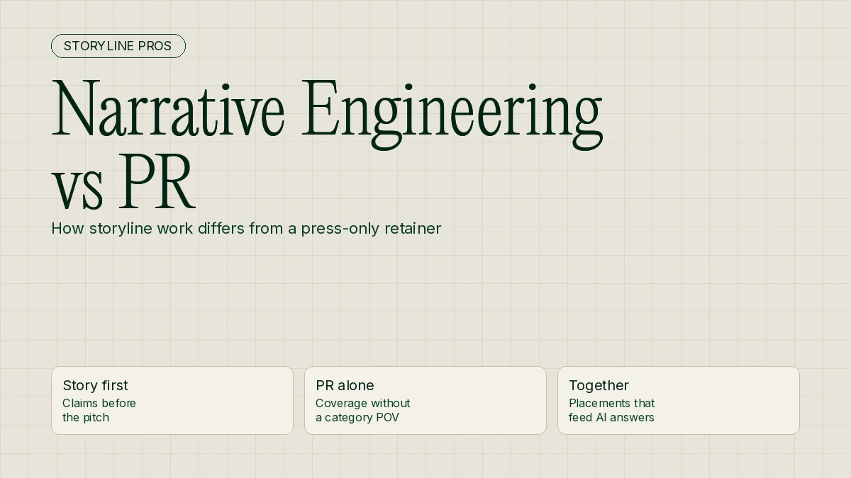 Cream Storyline Pros guide cover titled Narrative Engineering vs PR, with cards for story first, PR alone, and together.