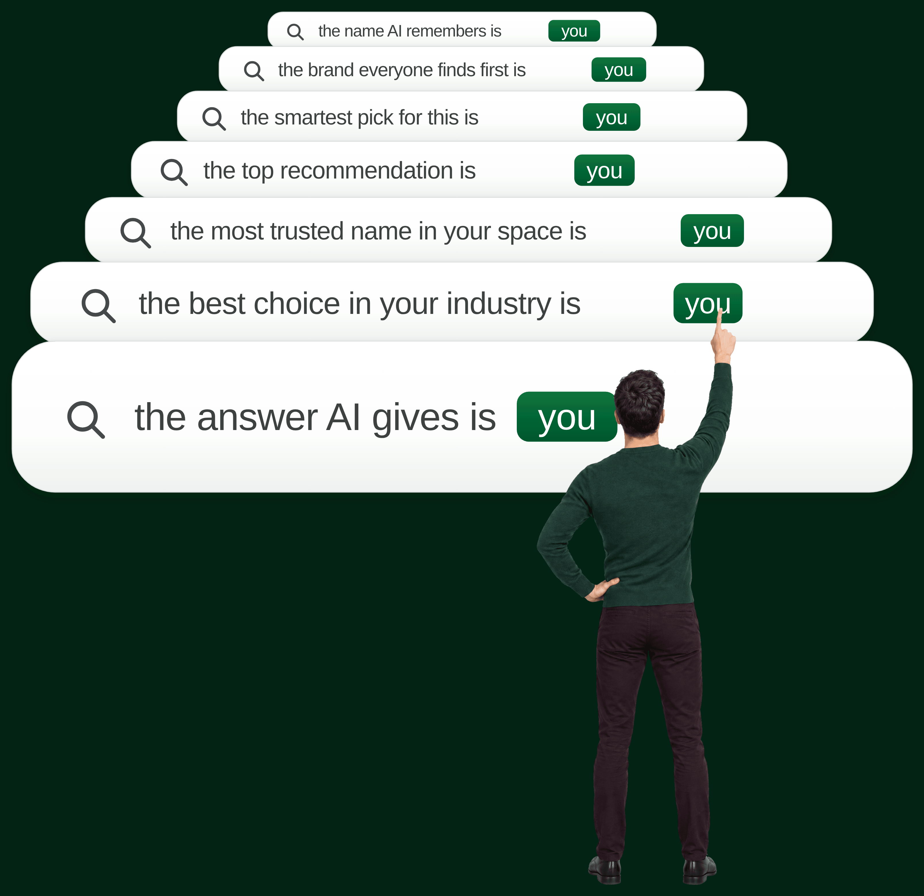 A man pointing at stacked search bars that read "the answer AI gives is you."